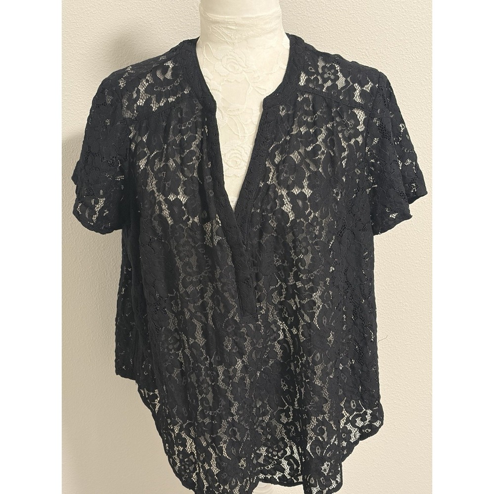 TORRID Black Lace Top~ Sz L~ Short Slv Placket V Neck Goth Vamp Dark Fairy - Picture 3 of 13